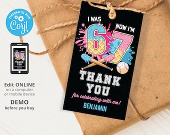 Six Seven Baseball Ice Cream Drip Favor Tag, 6 7 Baseball Game Party Thank You Label Printable, Editable Template INSTANT Download Corjl