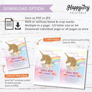 May include: Printable invitation for a unicorn-themed birthday party. The invitation features a gold glitter unicorn with a rainbow and flowers. The text on the invitation reads "A magical day is on the way! Emma Rose is turning 3".