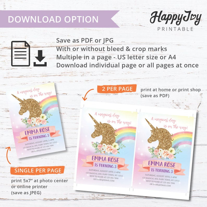 May include: Printable invitation for a unicorn-themed birthday party. The invitation features a gold glitter unicorn with a rainbow and flowers. The text on the invitation reads "A magical day is on the way! Emma Rose is turning 3".