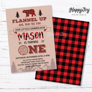 May include: A red and black checked background with a tan invitation card. The invitation card features a cartoon bear wearing a checked shirt, a tree, and the text "Flannel Up and Join the Fun". The invitation is for a first birthday party for a boy named Mason.