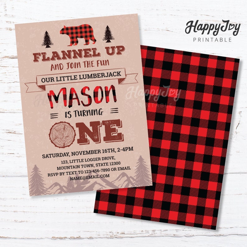May include: A red and black checked background with a tan invitation card. The invitation card features a cartoon bear wearing a checked shirt, a tree, and the text "Flannel Up and Join the Fun". The invitation is for a first birthday party for a boy named Mason.
