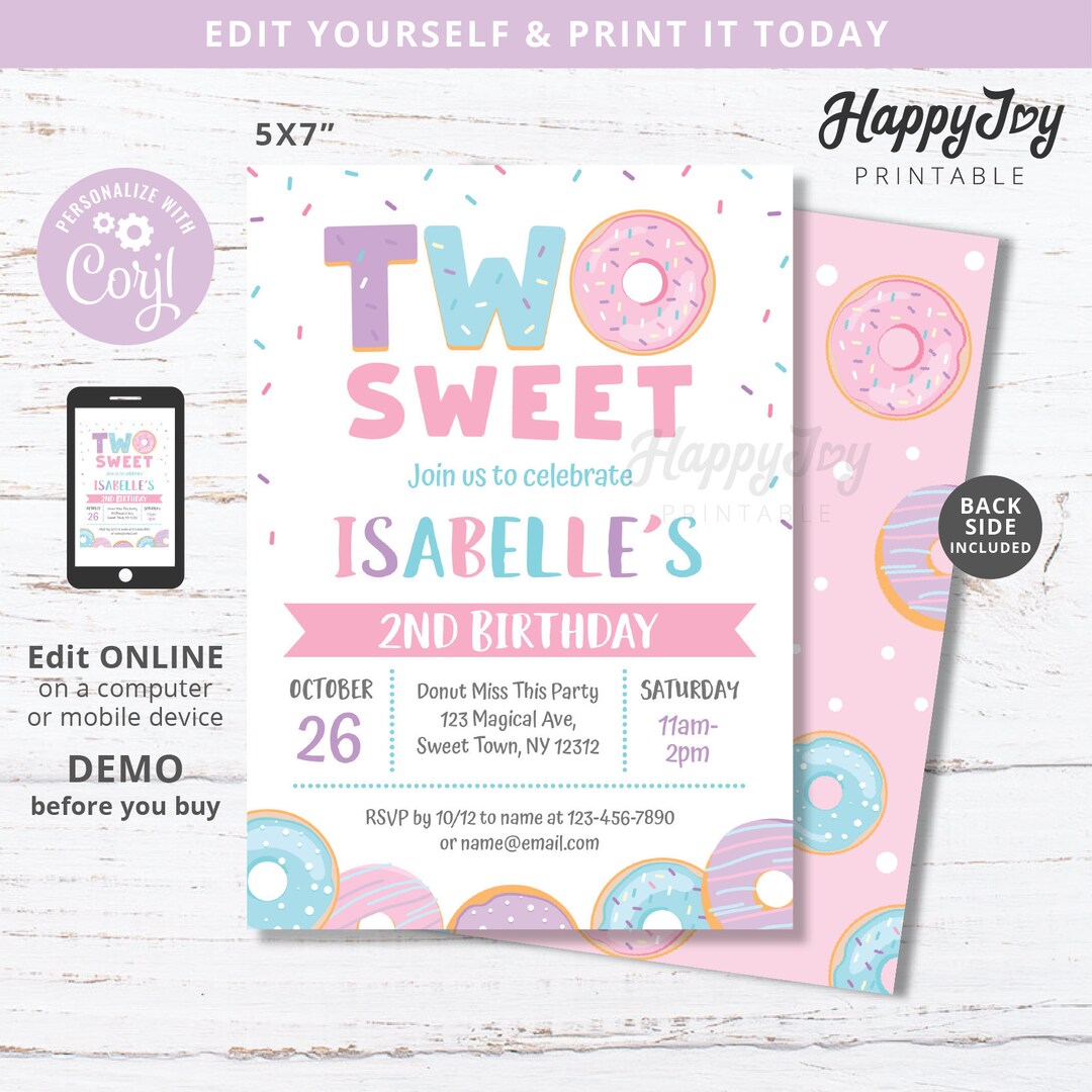 Two Sweet Donut Birthday Invitation, Girl 2nd Birthday, Pink Purple ...
