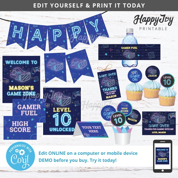 Virtual Reality VR Game Printable Kit, Boy Girl Gaming Birthday, Neon Blue Banner, Favor Tag, Sign Decor, Digital Printable INSTANT Editable Il_570xn