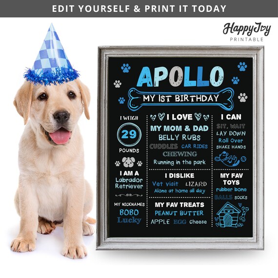 Dog Puppy Birthday Milestone Chalkboard Poster, 16x20, 11x14, Pet Party Stat, Editable Template INSTANT Digital Download Edit Yourself Corjl Il_570xn