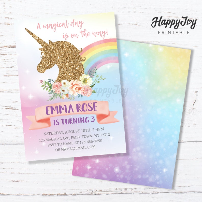 May include: A pink, blue, and yellow ombre background with a gold glitter unicorn silhouette and floral accents. The text "A magical day is on the way!" is at the top of the invitation. The text "Emma Rose is turning 3" is in a pink banner. The invitation includes the date, time, and location of the party. RSVP information is also included.