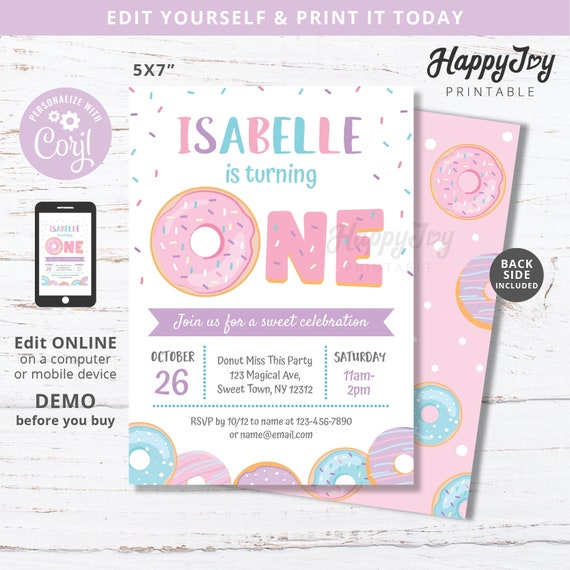 Donut 1st Birthday Invitation, Sweet ONE Girl's Birthday, Pink Purple Blue, Editable Template INSTANT Digital Download Access, Self Edit Il_570xn