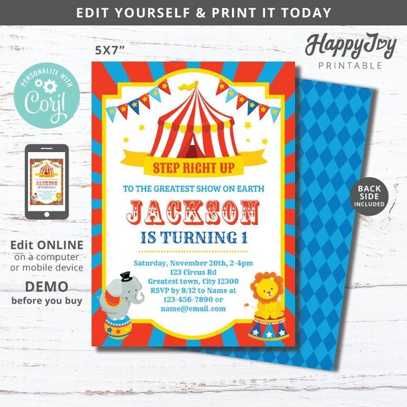 Circus Carnival Party Animal Invitation, The Big Top Boys Girls Birthday Invite, Editable Template INSTANT Access, Self Edit with Corjl Il_570xn