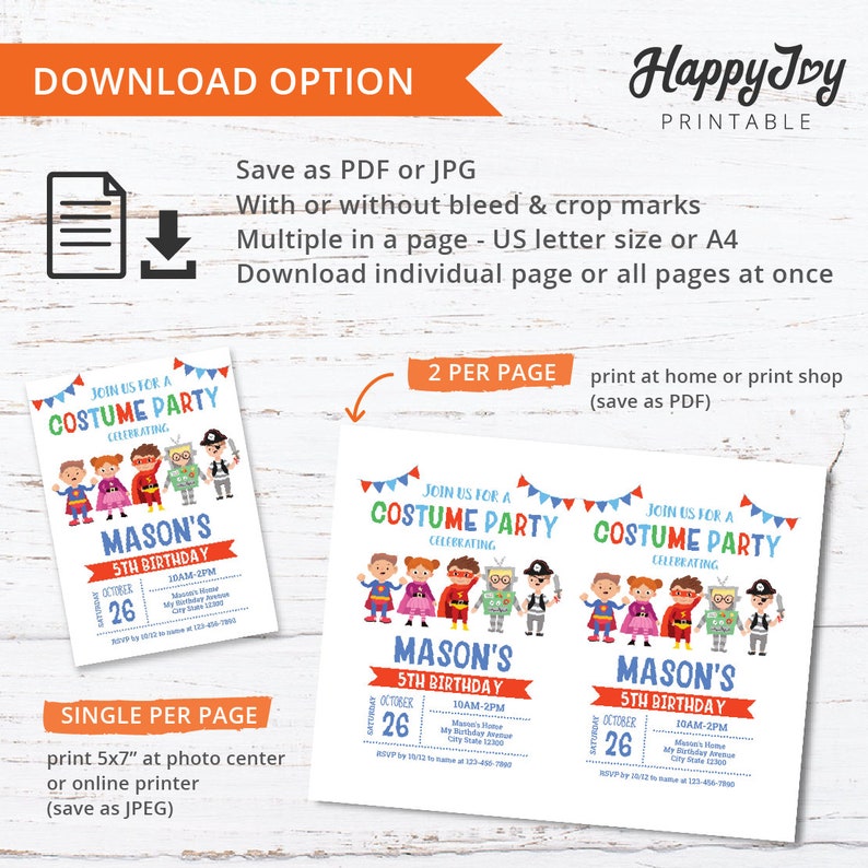 May include: Printable invitation for a costume party celebrating a child's 5th birthday. The invitation features a colorful illustration of children dressed in superhero costumes. The text on the invitation reads "Join us for a Costume Party Celebrating Mason's 5th Birthday".