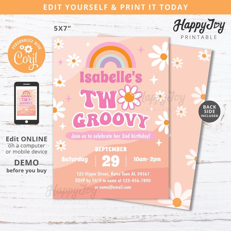 Puede incluir: Una invitaci&oacute;n de cumplea&ntilde;os rosa y naranja con un arco&iacute;ris y margaritas. El texto dice "Isabelle's Two Groovy" e incluye detalles para una fiesta de 2&ordm; cumplea&ntilde;os.