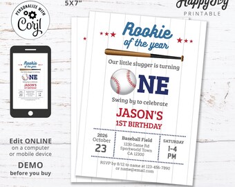 Baseball Sport Invitation, Boy 1st Birthday Baseball Party Invite, Rookie of the Year, Editable Template INSTANT Download Self Edit Corjl