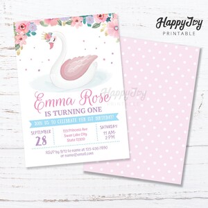 May include: A pink and blue printable invitation featuring a white swan illustration. The invitation reads "Emma Rose is turning one" and includes details for a birthday party. The background is a light pink with white polka dots.