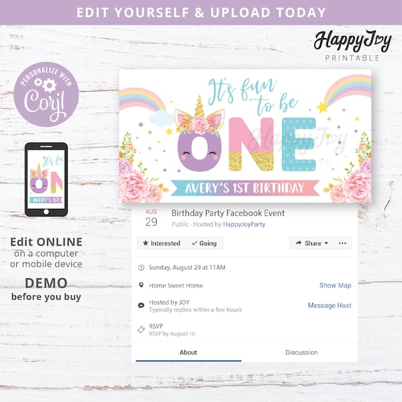 Unicorn 1st Birthday, Fun to be ONE, Facebook Event Banner, Girls Party Invite, Editable Template INSTANT Digital Download, Self Edit Il_570xn