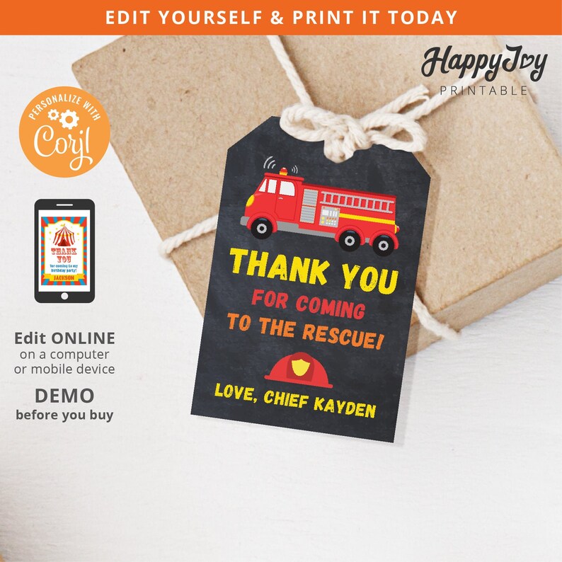 May include: Red and black thank you tag with a cartoon fire engine, the text "Thank You for Coming to the Rescue!" and "Love, Chief Kayden".