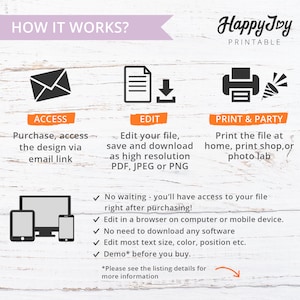 May include: Printable design template with instructions on how to access, edit, and print the design. The image shows an envelope, a document with a download arrow, and a printer with a party popper. The text says "How it works?" and "Happy Toy Printable".