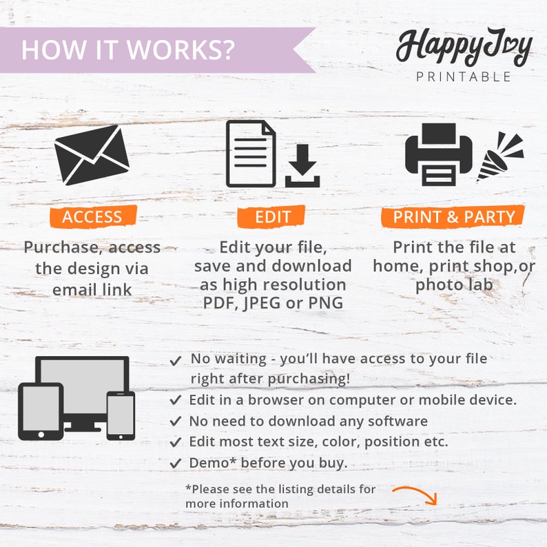 May include: Printable design template with instructions on how to access, edit, and print the design. The image shows an envelope, a document with a download arrow, and a printer with a party popper. The text says "How it works?" and "Happy Toy Printable".