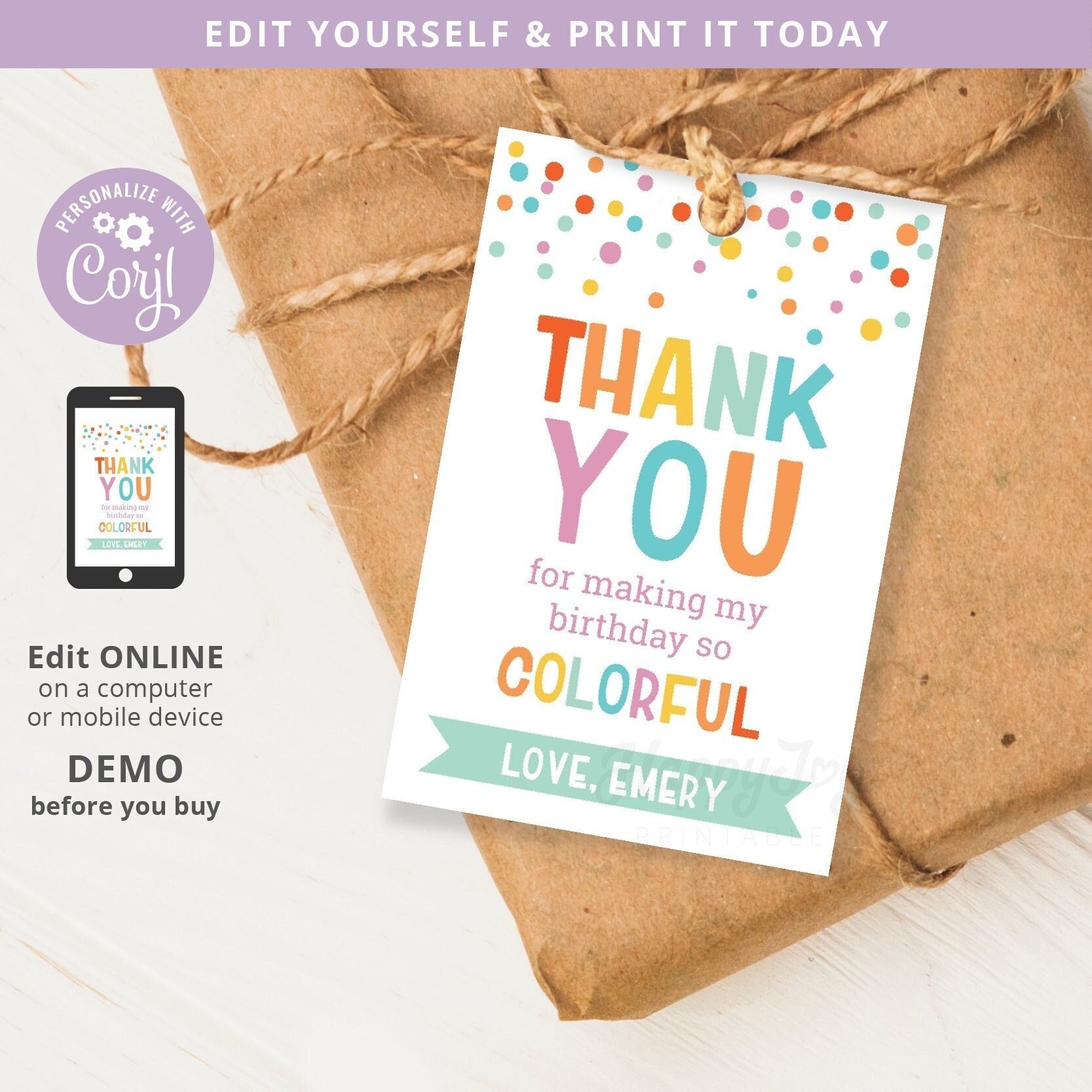 Rainbow Sprinkle Favor Tag 2x3 Printable, Thank You Birthday Baby Shower Label Tag Editable Template INSTANT Access, Self Edit Corjl