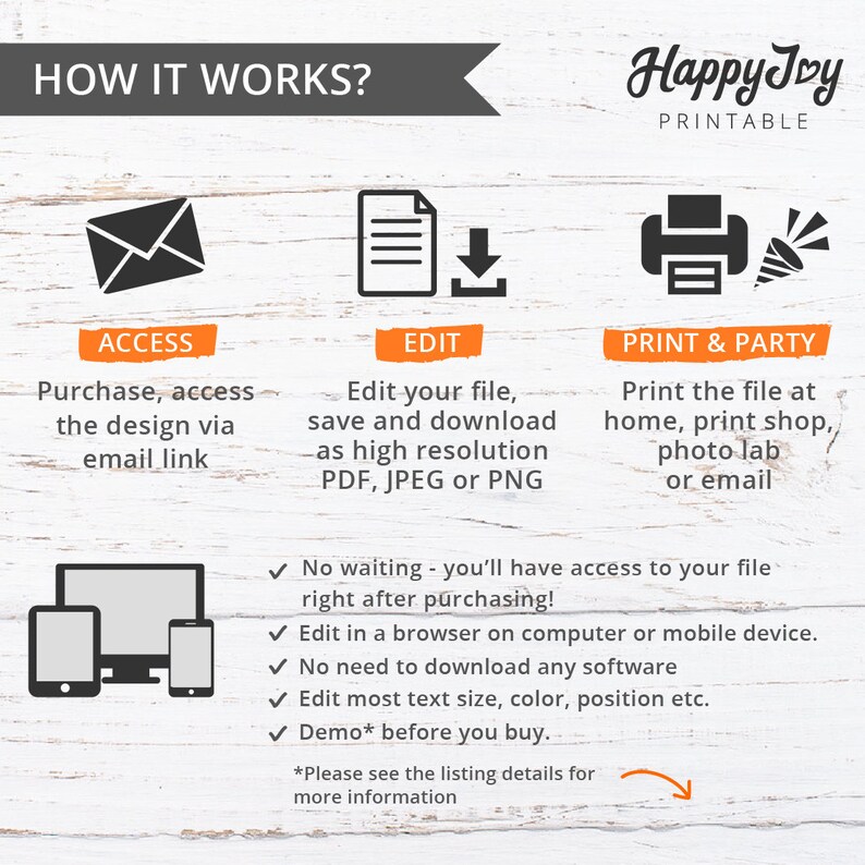 May include: How it works graphic with three steps: access, edit, and print & party.  The graphic shows a black envelope, a document with a download arrow, and a printer with a party hat.  The text below each icon explains the steps.  The graphic also includes a list of benefits: no waiting, edit in a browser, no need to download software, edit text size, colour, position, and demo before you buy.