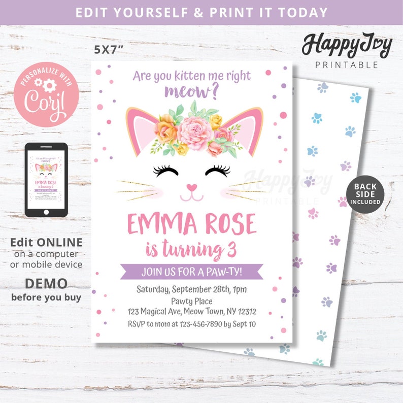 Kitten Birthday Invitation Girls Purrfect Pawty Invite Pink - Etsy