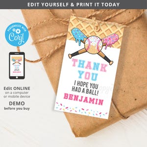 May include: A baseball-themed gift tag with the text "THANK YOU I HOPE YOU HAD A BALL! BENJAMIN". The tag features a baseball, crossed bats, and ice cream cones. The tag is tied to a wrapped package.