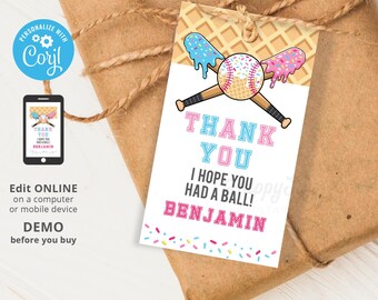 Baseball Ice Cream Drip Favor Tag, Base Ball Party Thank You Label Printable, Birthday Sport Game, Editable Template INSTANT Download Corjl