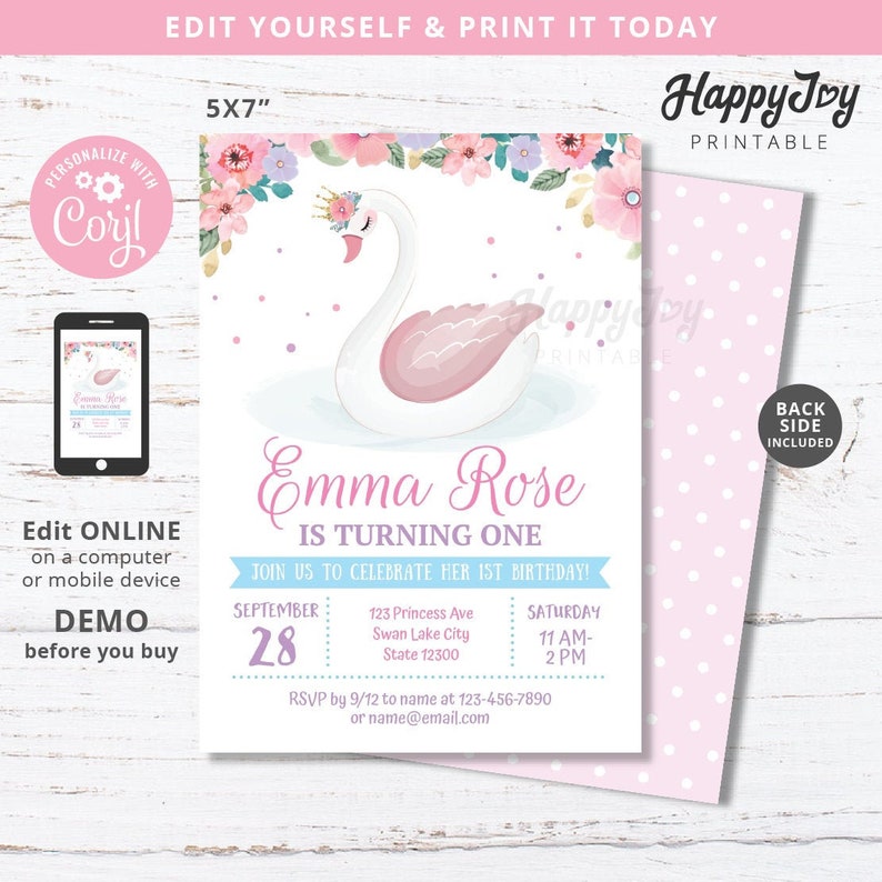 May include: A pink and white printable invitation featuring a watercolour illustration of a swan wearing a crown. The invitation reads "Emma Rose is turning one" and includes details for a birthday party. The reverse side of the invitation is a pink background with white polka dots.