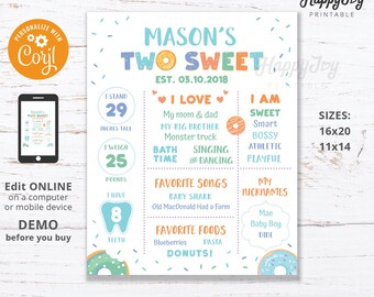TWO Sweet Boy Milestone Board Poster, 16x20, Boy Donut 2nd Birthday, Editable Template INSTANT Digital Download Access, Self Edit Corjl