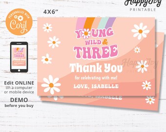 Young Wild and Three Groovy Thank You Card, Girl 3rd Birthday Favor Label, Daisy Boho Rainbow, Editable Template INSTANT Digital Download