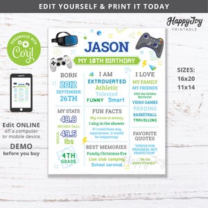 May include: A personalized birthday poster with a gaming theme. The poster features the name "Jason" and details about his 10th birthday, including height (124 cm) and weight (22.4 kg). Includes a VR headset and game controllers.