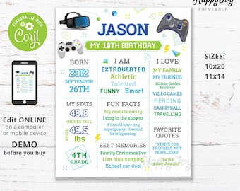 Gamer Boy Milestone Board Poster Sign, Teenager Gaming Birthday, Teen Game Party, Digital File, Editable Template INSTANT Access Edit Corjl