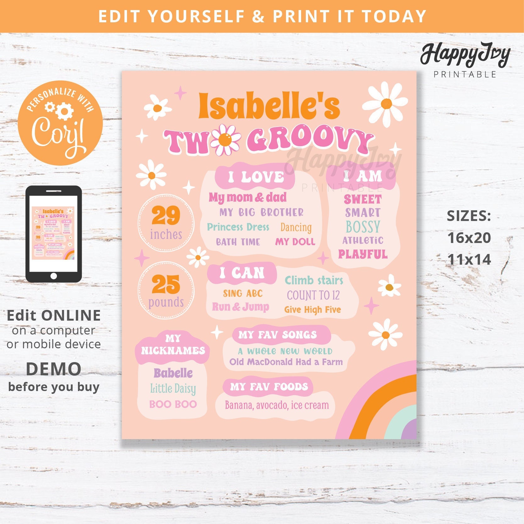 TWO Groovy Birthday Milestone Board Poster, Girls 2nd Birthday, Daisy Boho Rainbow, Editable Template INSTANT Digital Download Edit w Corjl