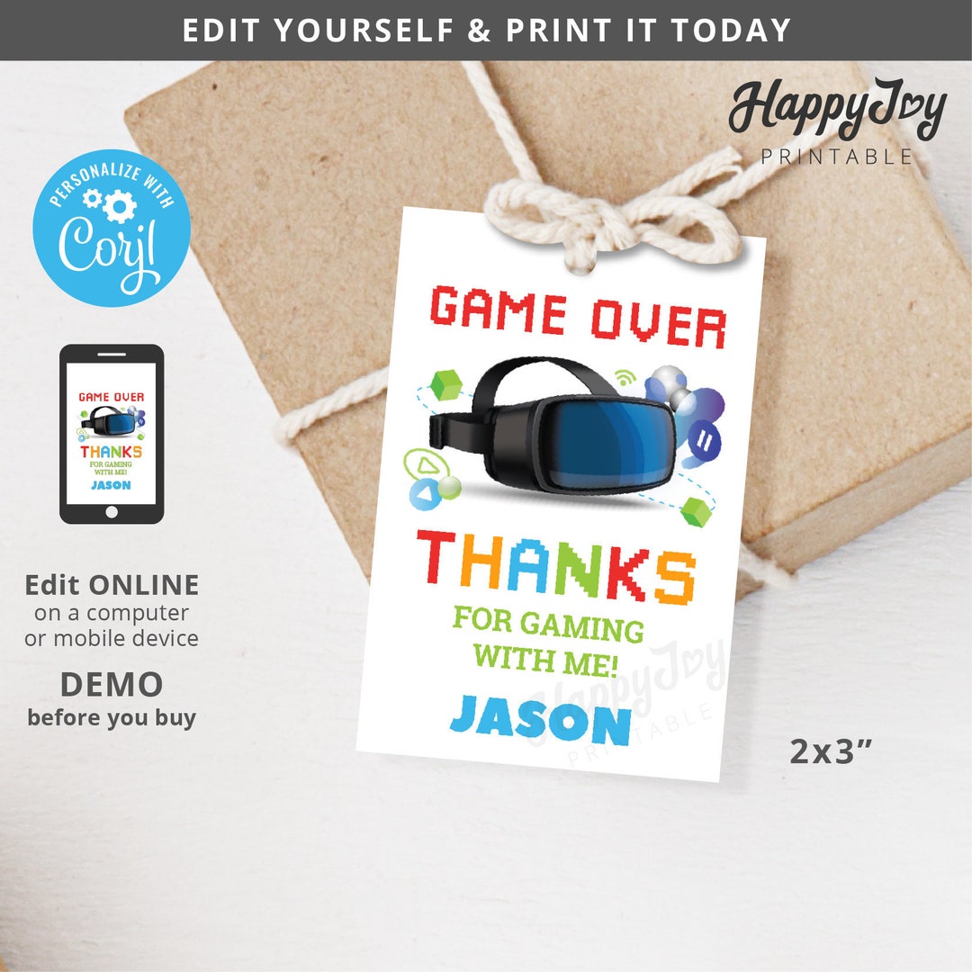 VR Game Favor Tag 2x3 Printable, Game Over Thank You Label Tag, Virtual ...