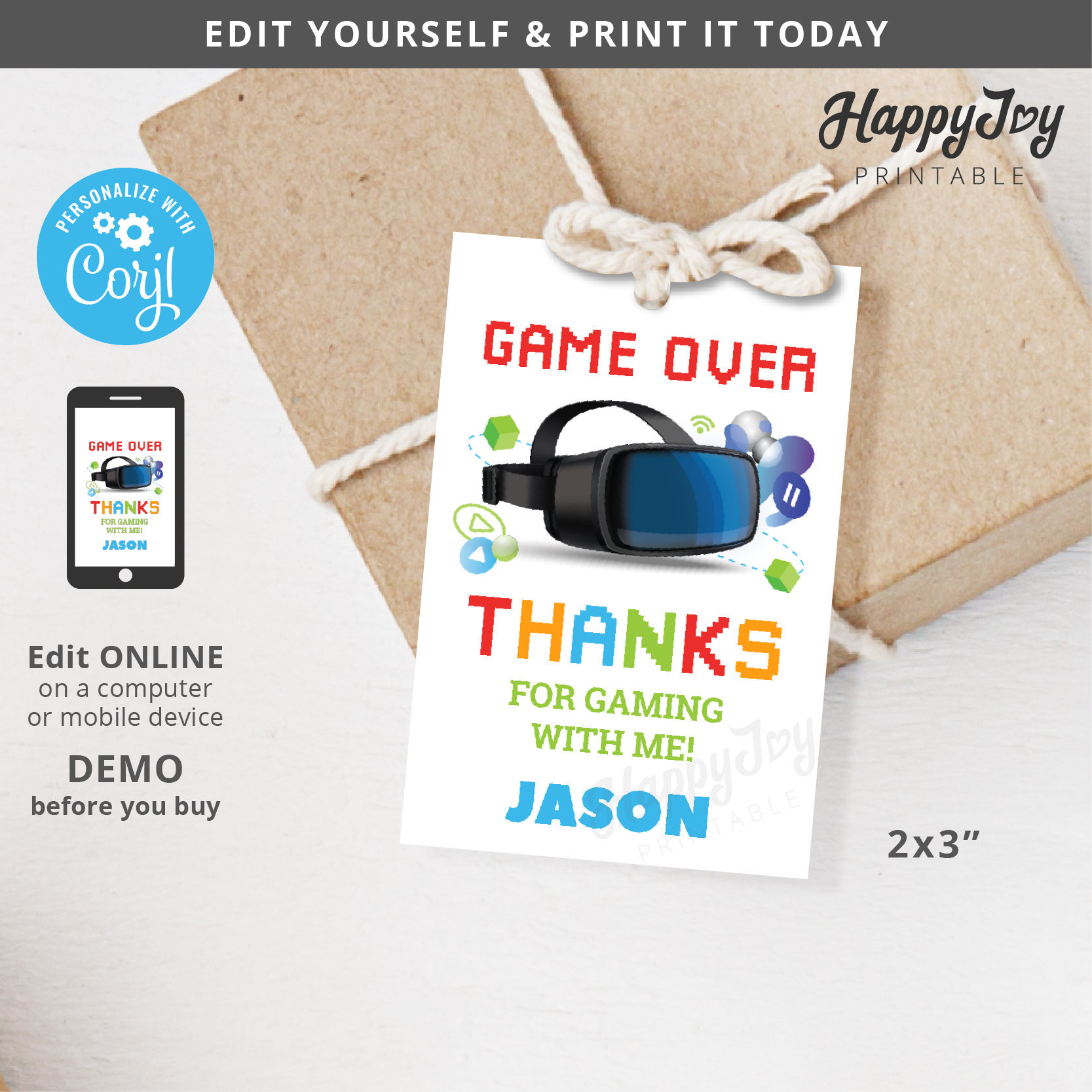 VR Game Favor Tag 2x3 Printable Game Over Thank You Label | Etsy