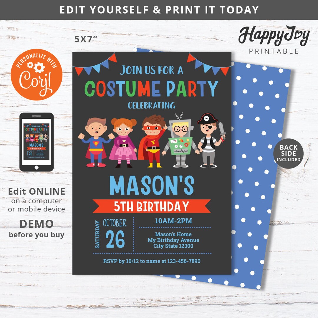 Costume Birthday Invitation, Kids Boy Costume Party Invite Printable ...