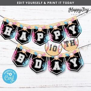 Baseball Drip Ice Cream Party Banner Digital Printable, Drippy Happy Birthday Pennant Flag Decoration, Editable Text INSTANT Download Corjl