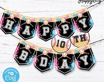 Baseball Drip Ice Cream Party Banner Digital Printable, Drippy Happy Birthday Pennant Flag Decoration, Editable Text INSTANT Download Corjl