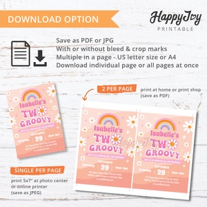 Puede incluir: Invitaci&oacute;n imprimible para una fiesta de cumplea&ntilde;os de 2 a&ntilde;os con un tema groovy. La invitaci&oacute;n presenta un arco&iacute;ris, margaritas y el texto "Isabelle's Two Groovy".