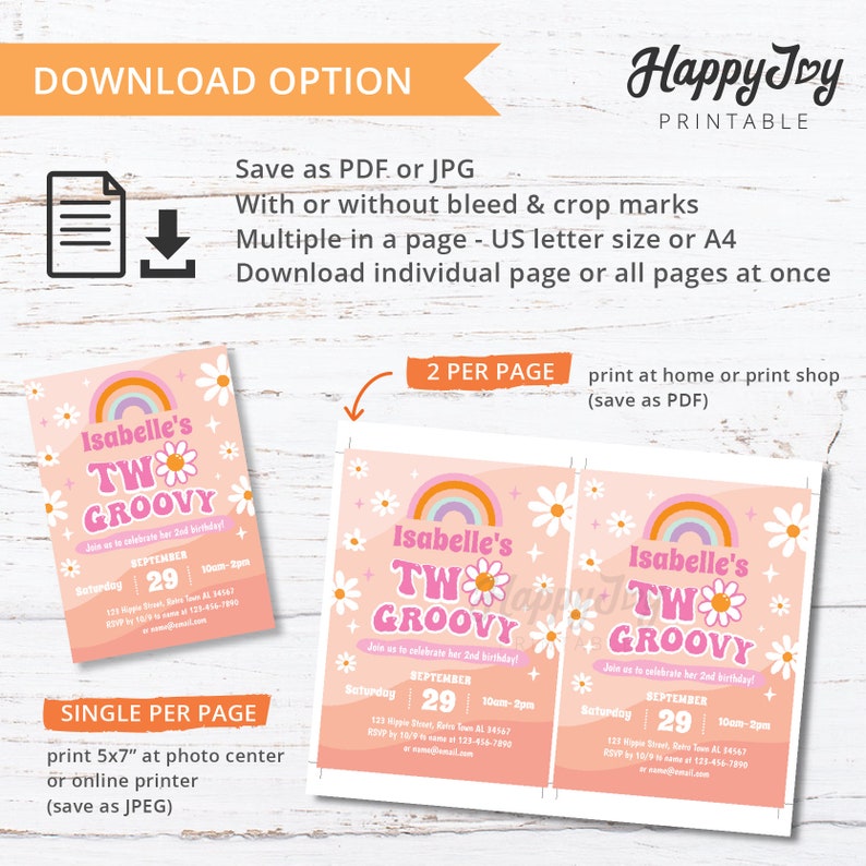 Puede incluir: Invitaci&oacute;n imprimible para una fiesta de cumplea&ntilde;os de 2 a&ntilde;os con un tema groovy. La invitaci&oacute;n presenta un arco&iacute;ris, margaritas y el texto "Isabelle's Two Groovy".