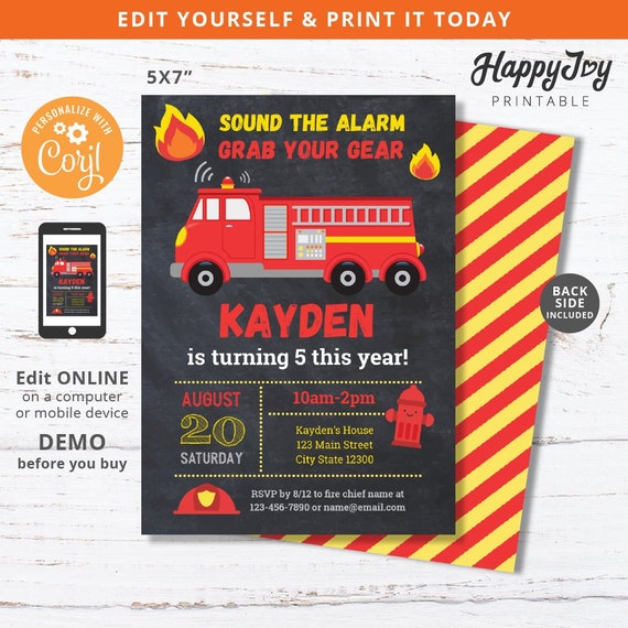 Firefighter Birthday Invitation, Fireman Boys Party Invite, Sound the Alarm, Fire Truck, Editable Template INSTANT Access, Self Edit Corjl Il_570xn
