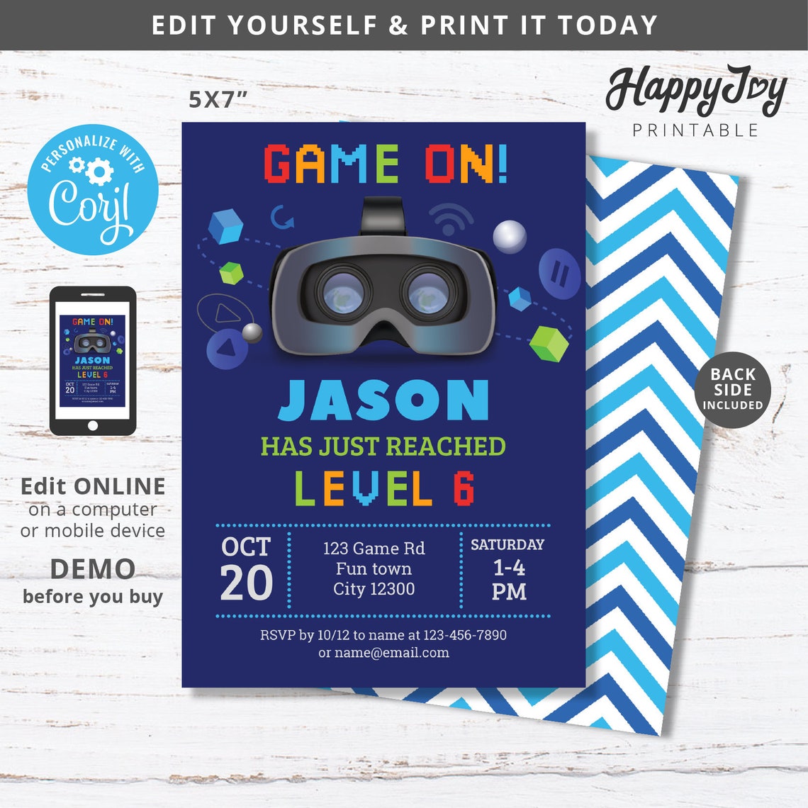 Game on VR Party Invitation Boys Virtual Reality Gaming Etsy