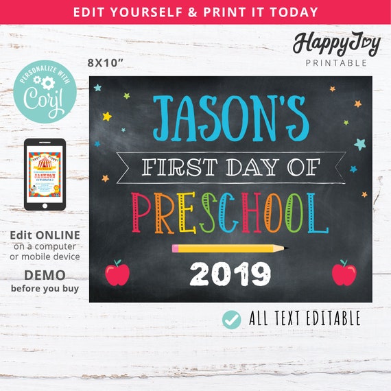 First Day of School Poster DIY PRINTABLE, Boys Chalkboard Style Preschool Sign, Any Grade, Self Editable Digital Template INSTANT Access Il_570xn