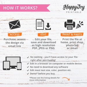 May include: How it works graphic with three steps: access, edit, and print & party. The graphic shows an envelope, a document with a download arrow, and a printer with a party popper. The text below each step explains the process. The graphic also includes a list of benefits, such as no waiting, editing in a browser, and no need to download software. The text "Demo* before you buy" is also included.