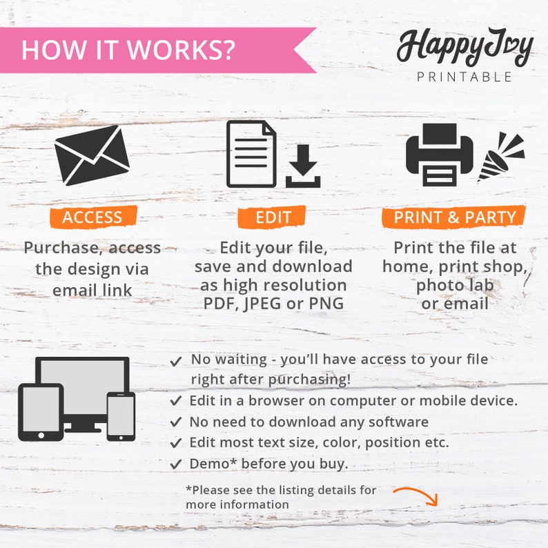 May include: How it works graphic with three steps: access, edit, and print & party. The graphic shows an envelope, a document with a download arrow, and a printer with a party popper. The text below each step explains the process. The graphic also includes a list of benefits, such as no waiting, editing in a browser, and no need to download software. The text "Demo* before you buy" is also included.