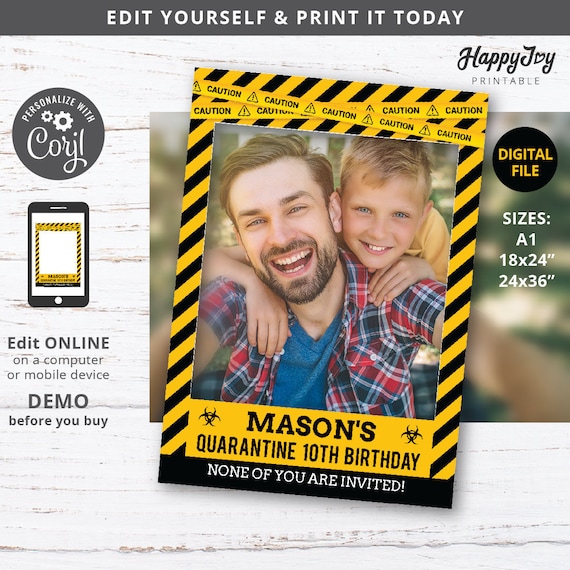 Quarantine Photo Booth Frame Prop, Digital File, You Print, Isolation Birthday, EDITABLE Digital Template INSTANT Self Edit w Corjl Il_570xn