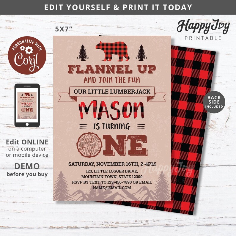 May include: A printable 5x7 inch invitation for a first birthday party with a lumberjack theme. The invitation features a red and black buffalo plaid pattern, a cartoon bear wearing a red and black buffalo plaid shirt, a tree stump with the number one on it, and the text "Flannel Up and Join the Fun, Our Little Lumberjack Mason is Turning One".