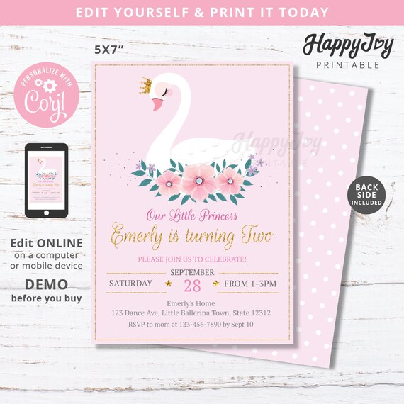 Princess Swan Birthday Invitation, Girls Pink Floral Swan Party Invite, Editable Digital File Template INSTANT Access Download, Self Edit Il_570xn