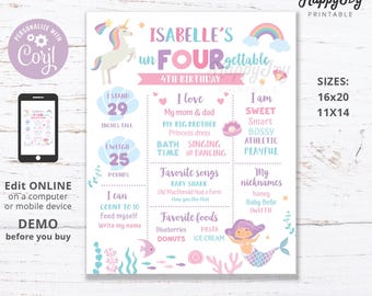 unFOURgettable Birthday Milestone Board Poster, Mermaid Unicorn Magical Girl 4th Birthday, Editable Template INSTANT Digital Download Corjl
