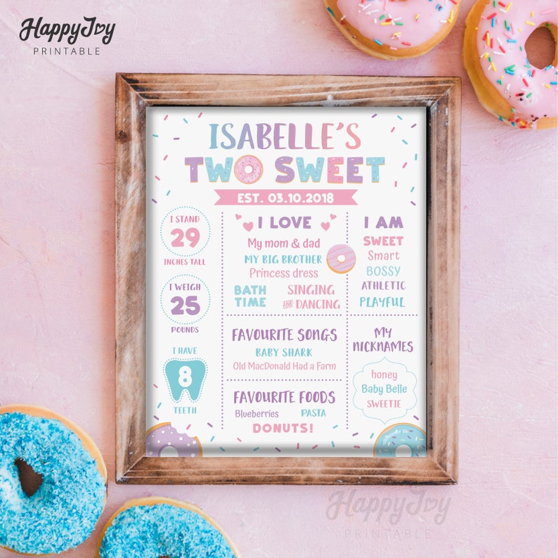 May include: A pink and purple printable sign with a donut theme celebrating a child's second birthday. The sign includes the child's name, age, and other fun facts about them. The sign is decorated with sprinkles and donuts.