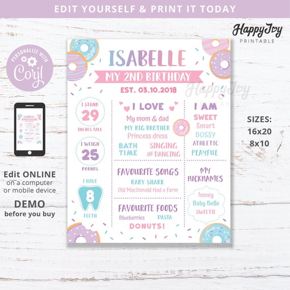Donut Milestone Board Poster, 8x10 16x20, Girl's Sweet 1st 2nd Birthday, Editable Template INSTANT Digital Download Access, Self Edit Corjl Il_570xn
