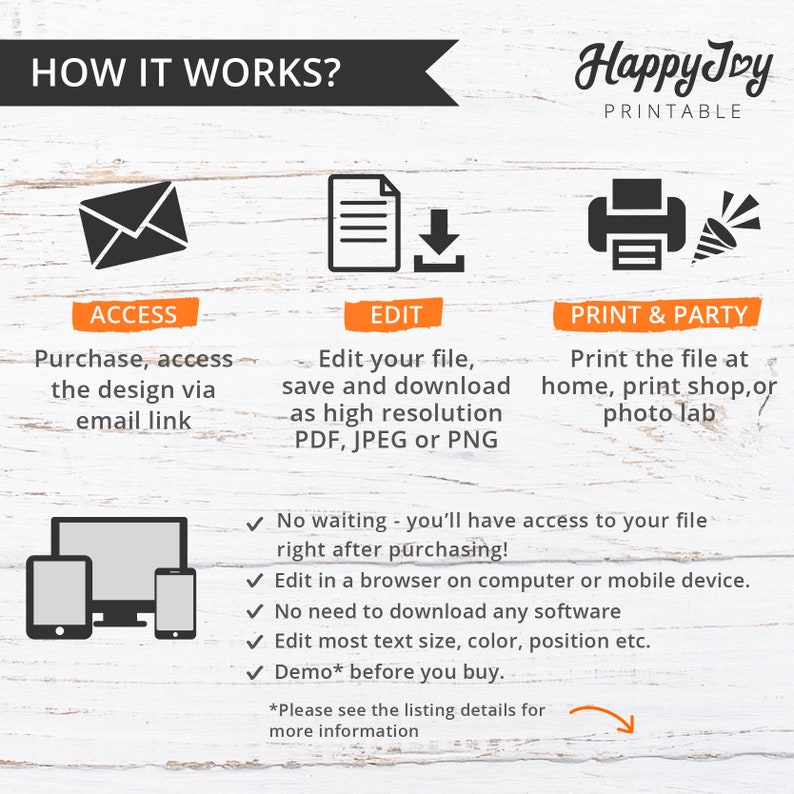 May include: How it works graphic with three steps: access, edit, and print & party.  The graphic shows an envelope, a document with a download arrow, and a printer with a party popper.  The text explains that you can purchase, access, edit, and print the design.  The graphic also includes a list of features, such as no waiting, edit in a browser, no need to download software, edit text size, color, and position, and a demo before you buy.