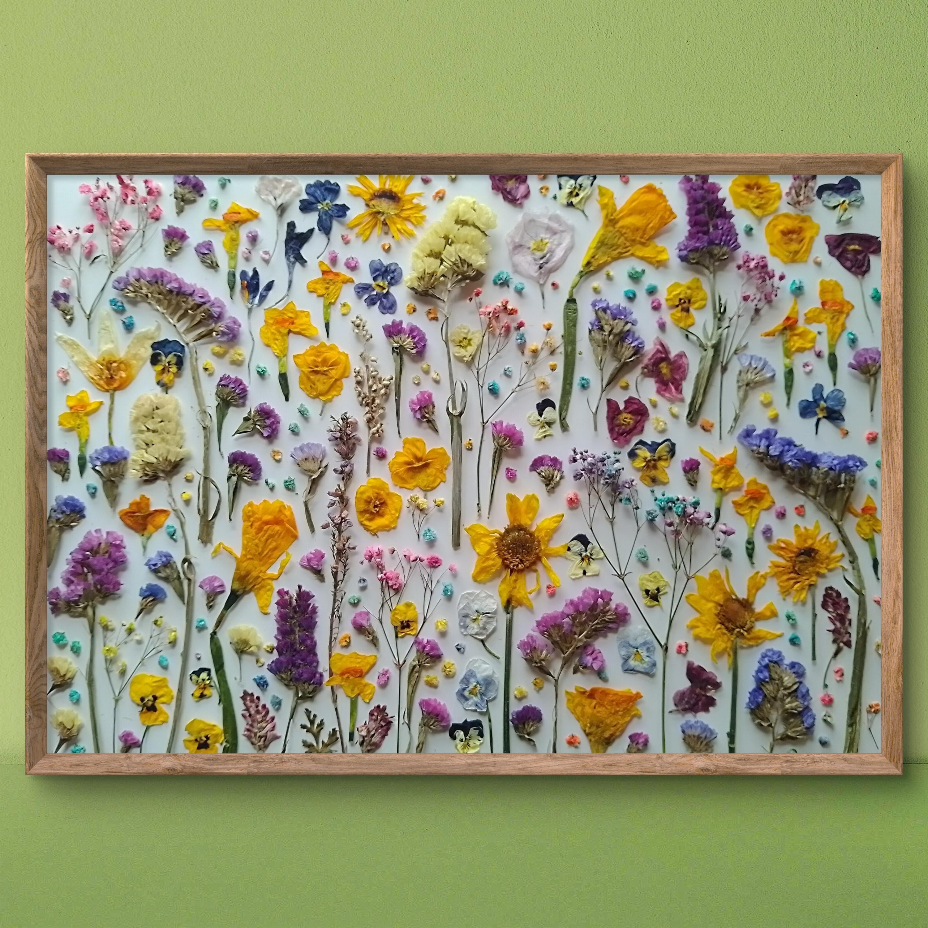 Spring Meadow Pressed Flower Wall Art, Pastel Colour Floral Decor